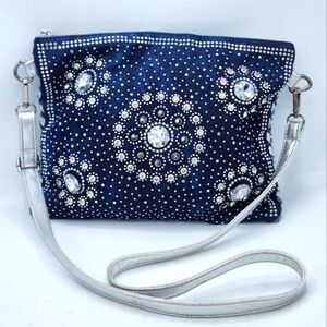 Denim Crystal Rhinestone Crossbody Bag With Metallic Weaving On Back